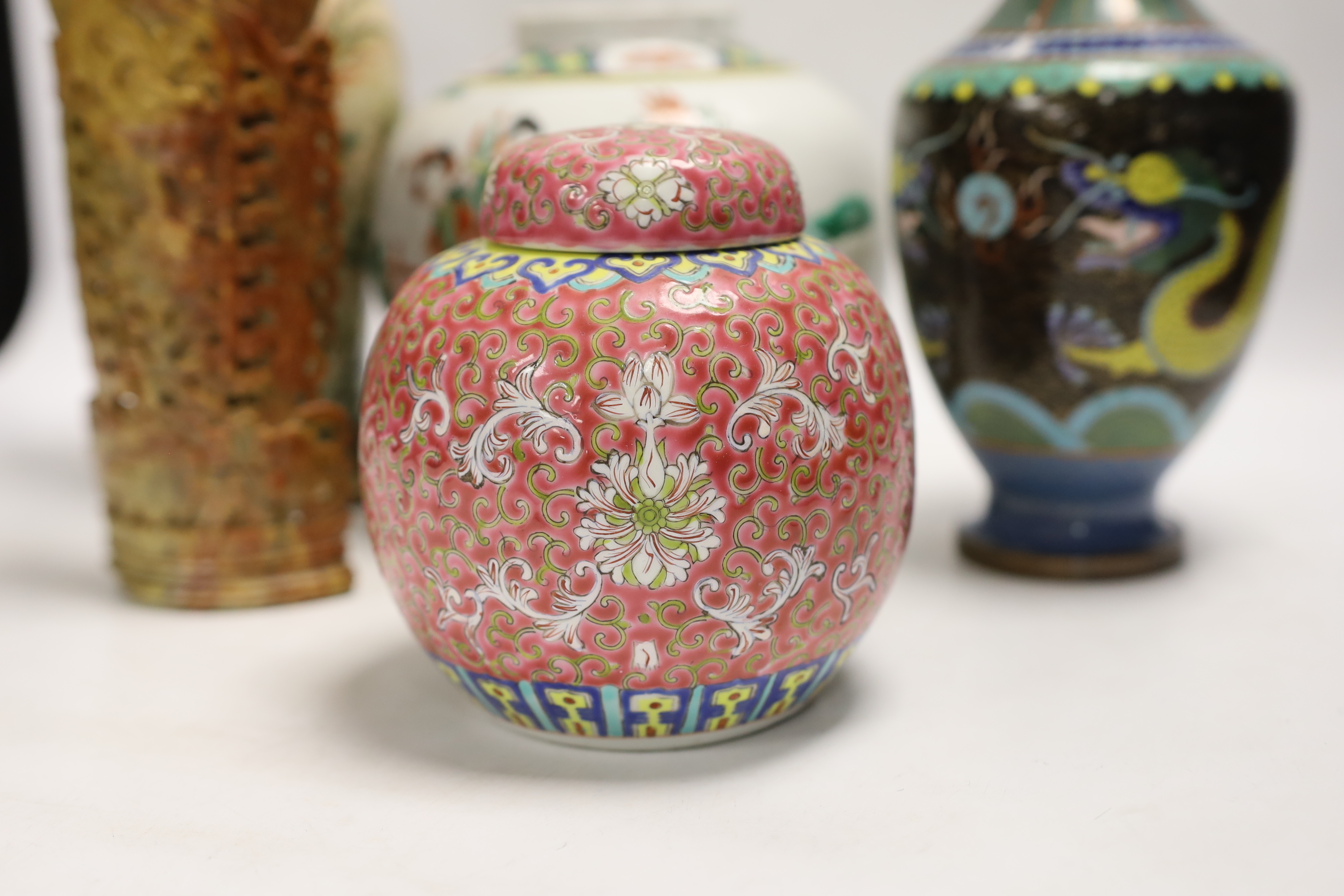 A Chinese famille verte crackle glaze vase, a jar, a cloisonné enamel dragon vase, another enamelled - Image 3 of 9