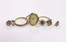 A modern 9ct and CZ set cluster ring, two other rings including watch ring and two pairs of 9ct