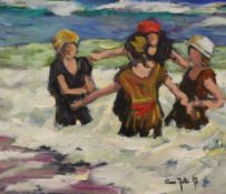 Ross Foster (Contemporary), oil on canvas, Women amongst the waves, signed, 46 x 55cm, unframed