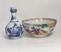 A Chinese Qianlong blue and white garlic neck vase and a famille rose bowl, 18th century largest