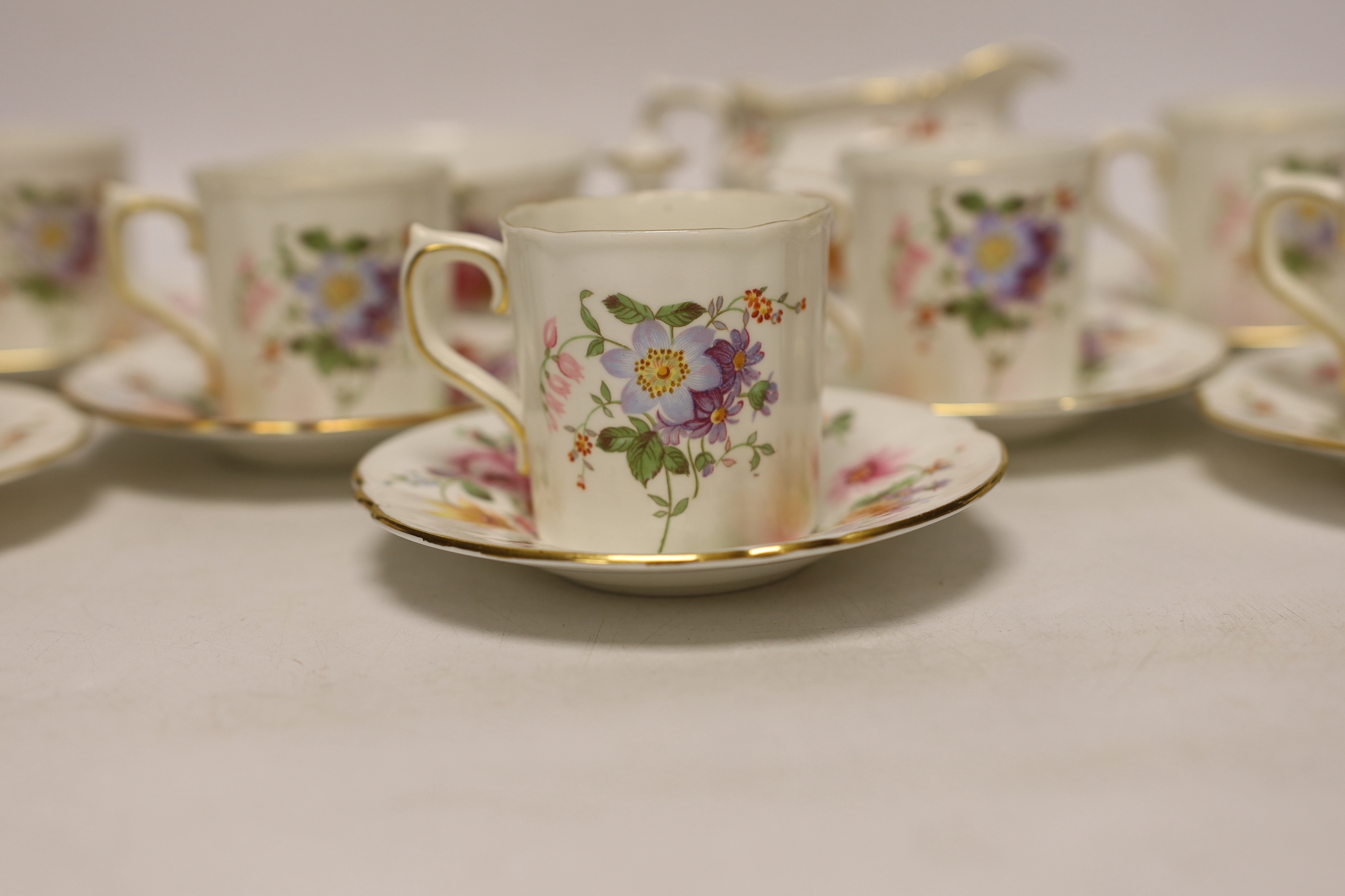 A Royal Crown Derby Posies coffee set comprising of seven cups and saucers, a sugar bowl and milk - Image 2 of 6