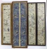 Two pairs of framed late 19th century Chinese embroidered sleeve bands and a similar single