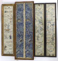 Two pairs of framed late 19th century Chinese embroidered sleeve bands and a similar single