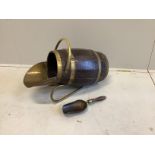 A brass mounted staved oak coal scuttle and scoop, length 56cm, height 40cm