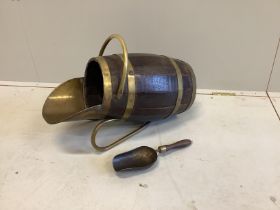 A brass mounted staved oak coal scuttle and scoop, length 56cm, height 40cm