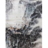 A 20th century scroll painting of a harbour scene and a Japanese scroll painting of a bird of