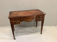 A late Victorian marquetry inlaid rosewood bowfront writing table, width 91cm, depth 49cm, height