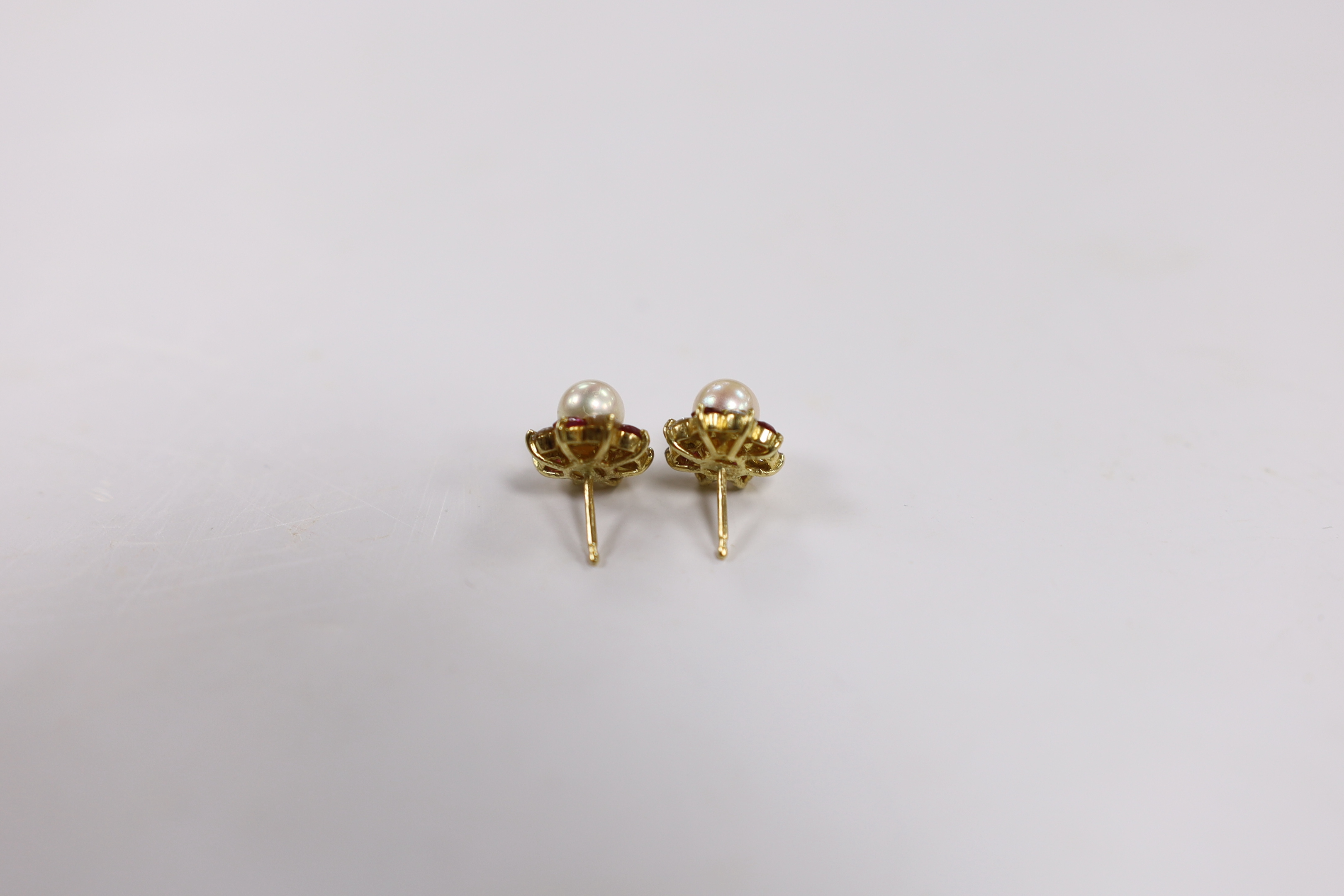 A pair of yellow metal, cultured pearl, ruby and diamond set flower head cluster ear studs ( - Image 2 of 2