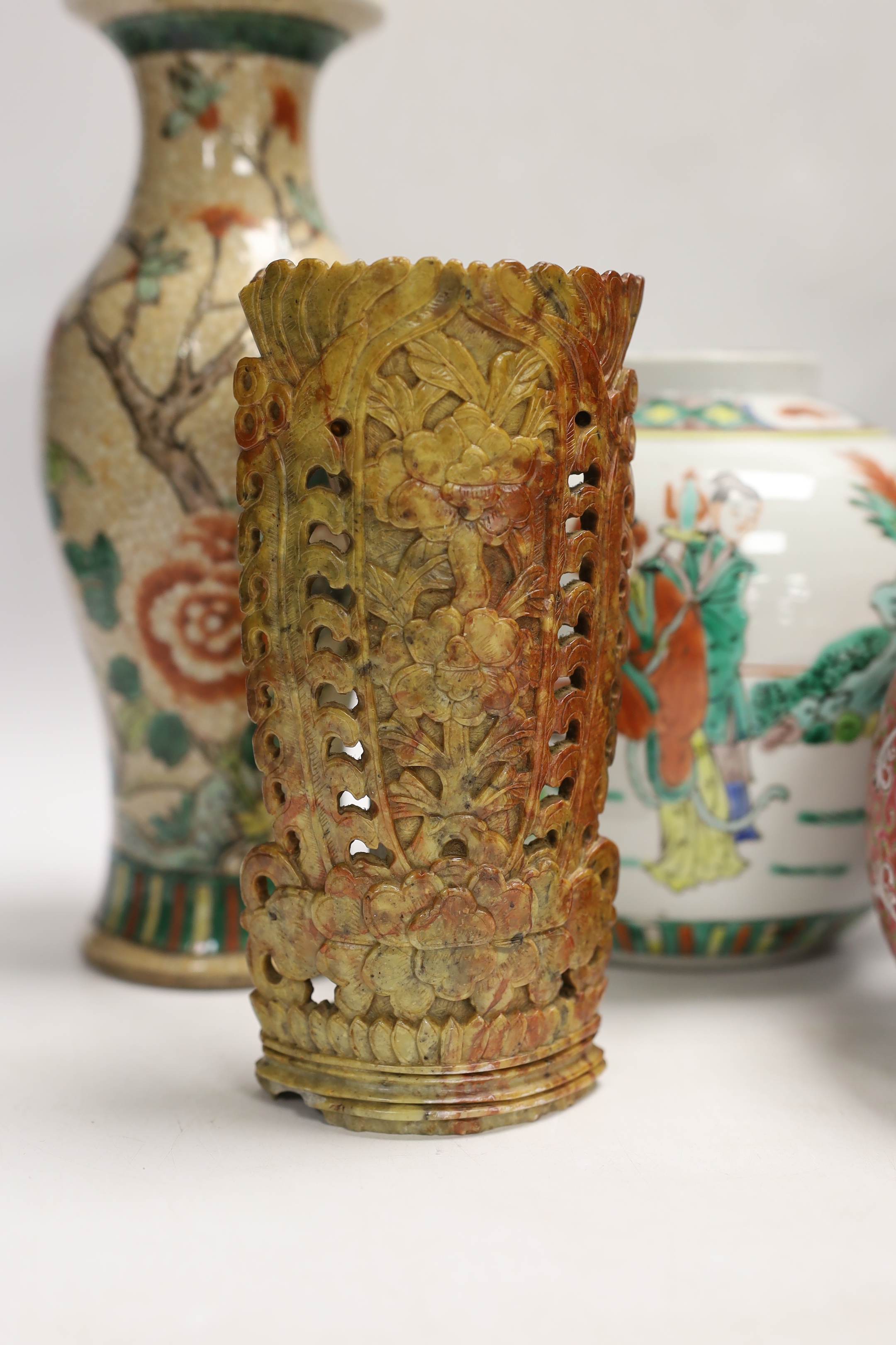 A Chinese famille verte crackle glaze vase, a jar, a cloisonné enamel dragon vase, another enamelled - Image 2 of 9