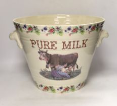 A transfer printed glazed pottery Pure Milk two handled advertising pail, 28cm high x 37cm diameter