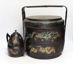A Chinese Fuzhou 'dragon' wedding basket, 31cm high, together with a similar teaset
