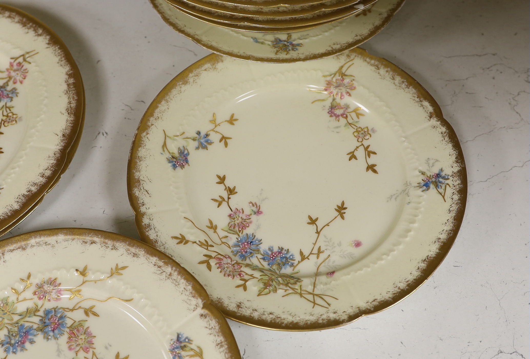 Thirteen Limoges style porcelain dessert plates, two on pedestal bases, gilt decorated with - Image 4 of 6