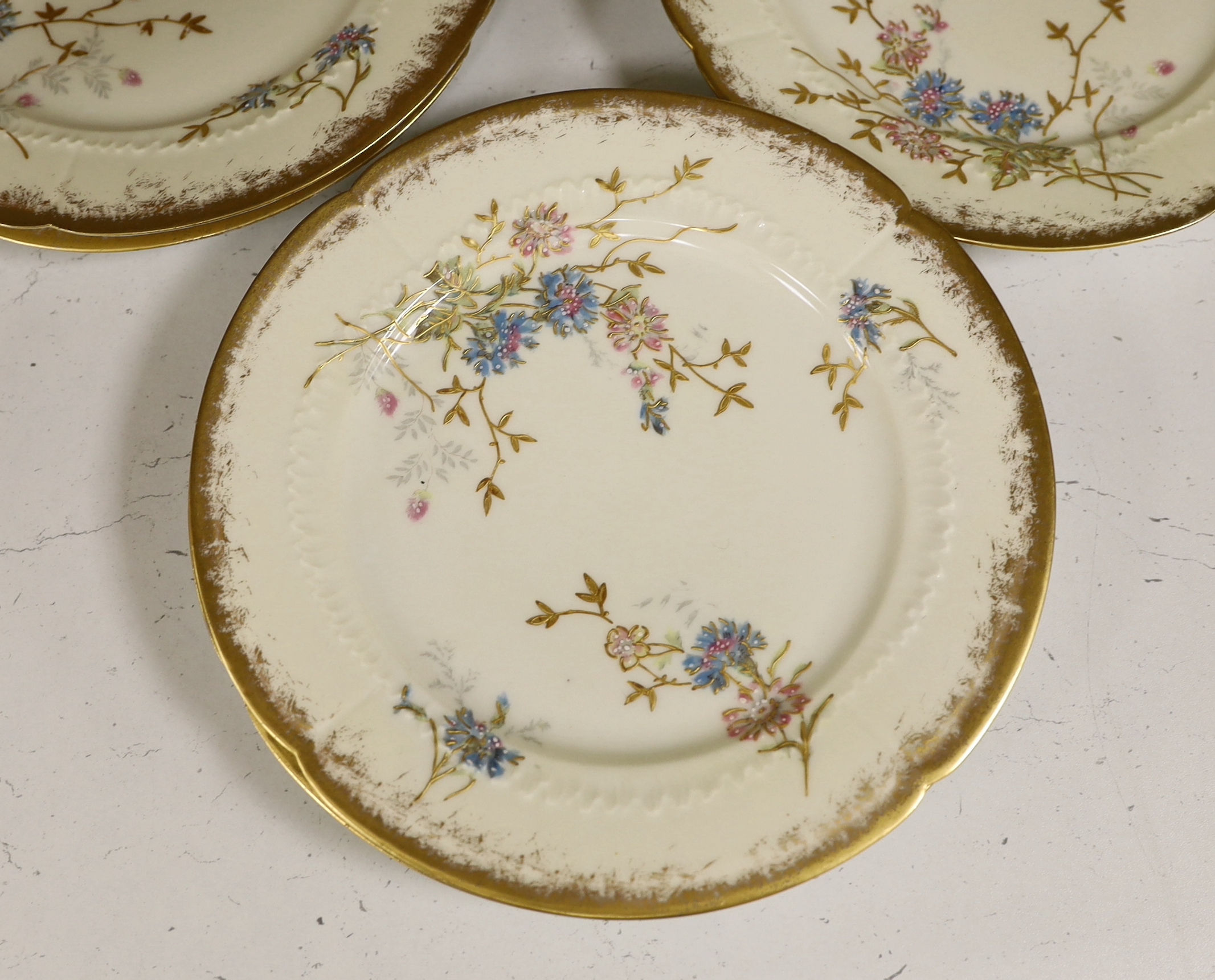 Thirteen Limoges style porcelain dessert plates, two on pedestal bases, gilt decorated with - Image 2 of 6