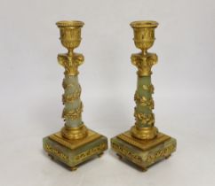 A pair of Neo-classical revival green onyx and ormolu candlesticks, c1900, 20cm high
