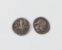 Sicily, Syracuse, two AR Litra, Second Democracy, 466-460 BC. Head of Arethusa right, rev.