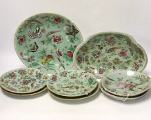 Eight 19th century Chinese celadon glazed famille rose dishes, largest 26cm