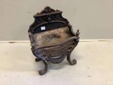 A brass mounted cast iron serpentine fire grate, width 46cm, depth 26cm, height 63cm