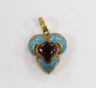 A Victorian yellow metal, blue enamel and garnet shaped triform pendant, overall 29mm, gross