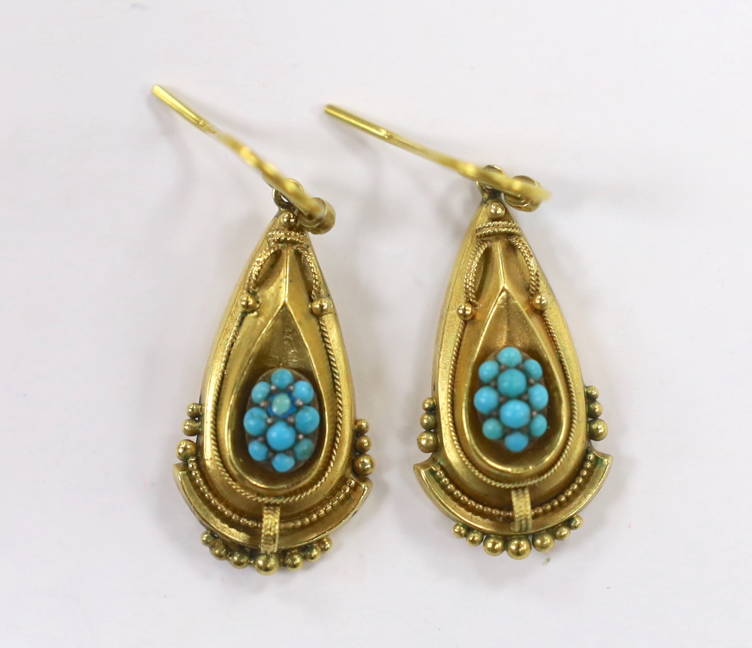 A pair of Victorian yellow metal and turquoise cluster set pear shaped drop earrings, 26mm, gross