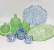 Walther & Sohne, moulded glass dressing table sets including three trays, lidded jars, etc., largest