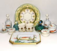 A fish and gilt decorated eight piece dressing table set, two glass scent bottles, two Halcyon
