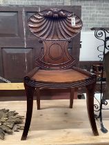 A George III style mahogany hall chair, width 39cm, depth 42cm, height 97cm