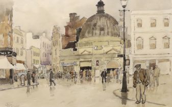 20th century watercolour, Street scene with figures, indistinctly signed, possibly D F Rose, 17 x