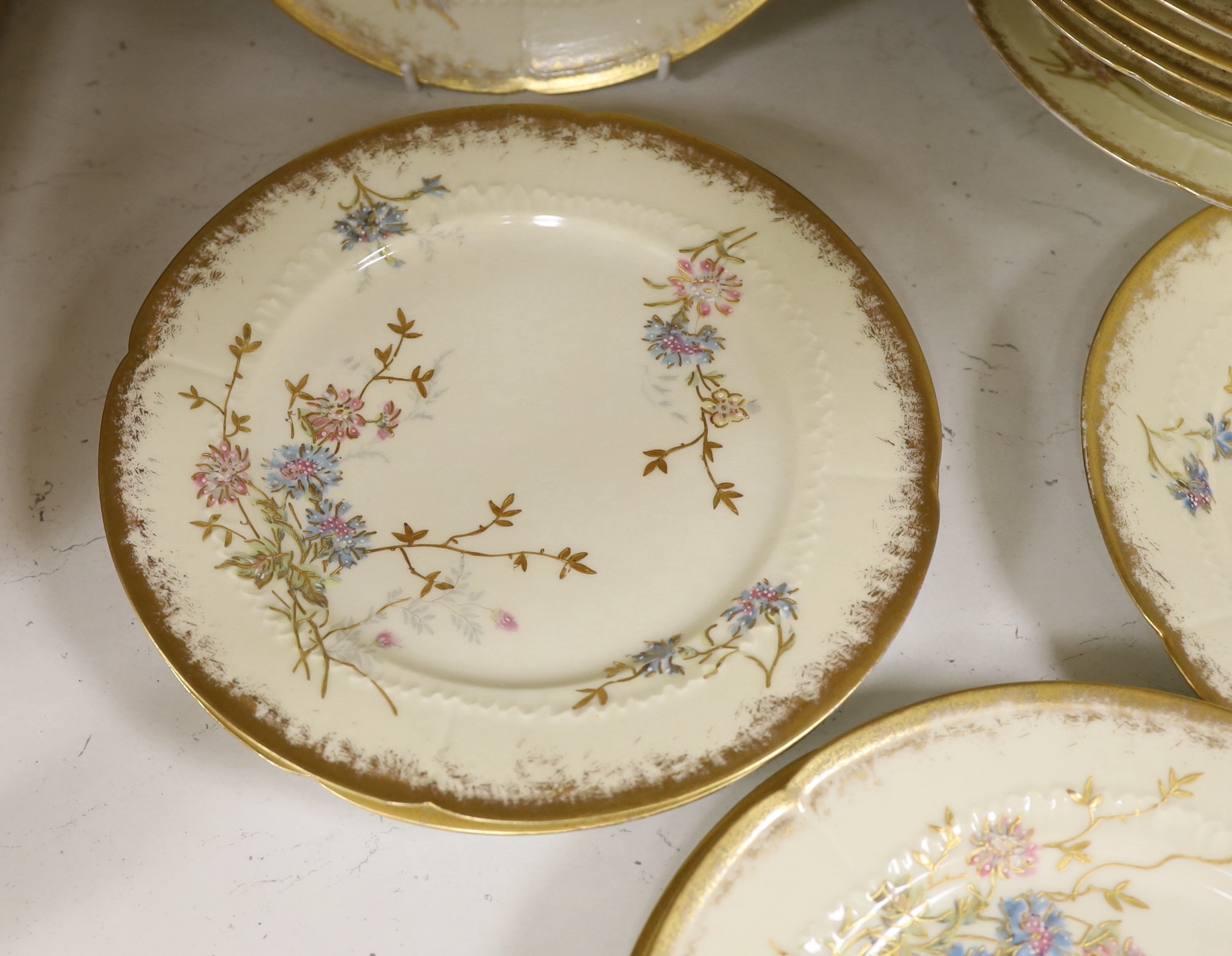 Thirteen Limoges style porcelain dessert plates, two on pedestal bases, gilt decorated with - Image 3 of 6