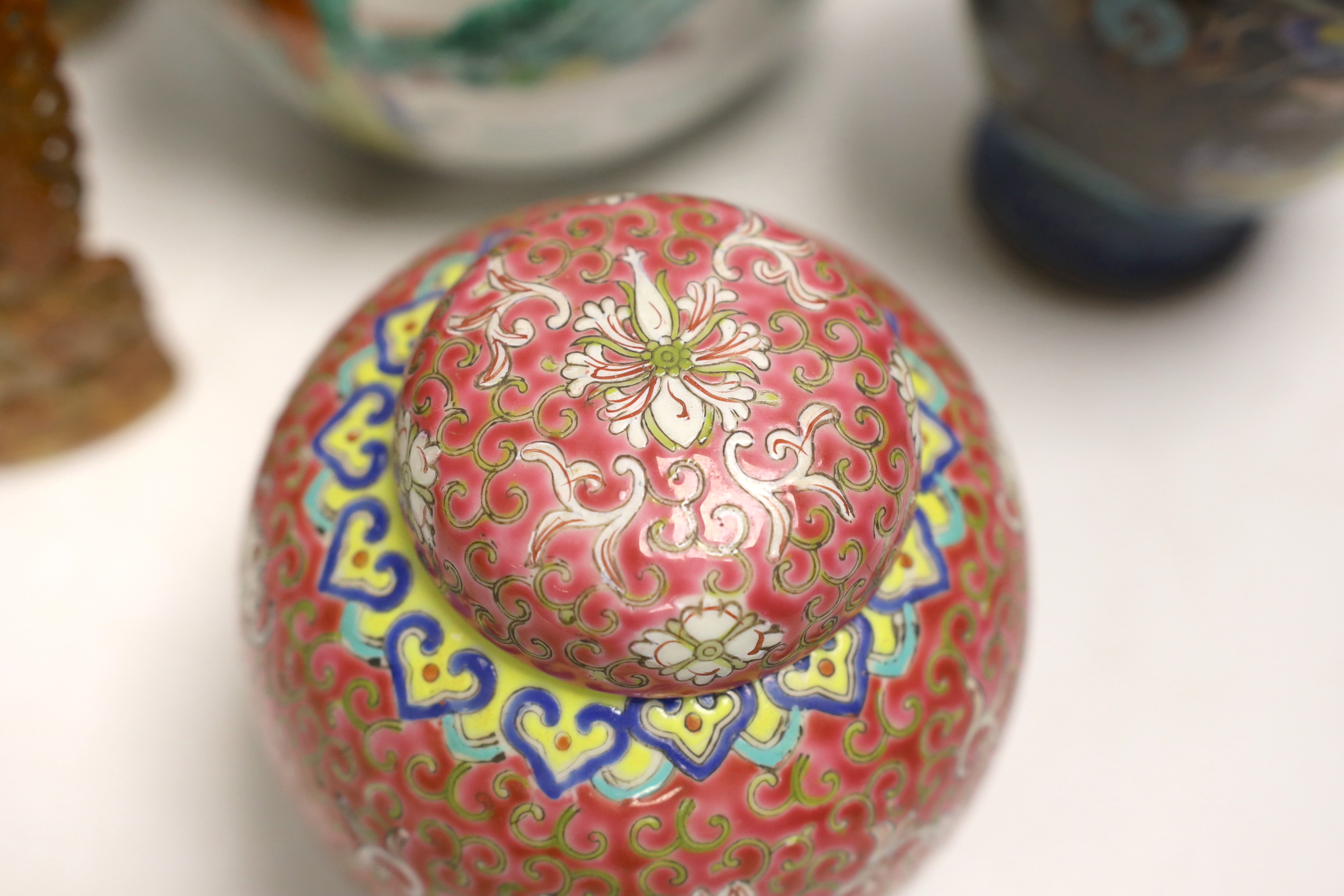 A Chinese famille verte crackle glaze vase, a jar, a cloisonné enamel dragon vase, another enamelled - Image 4 of 9