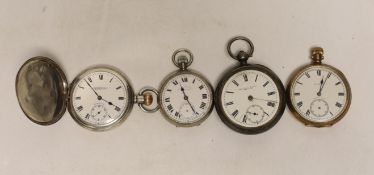 Four assorted pocket watches including gold plated Elgin and silver hunter retailed by Dunkling,