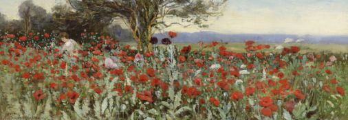 Robert Hamilton Chapman (1881-1923), oil on canvas, Children in a poppy field, signed, 27 x 75cm