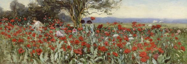 Robert Hamilton Chapman (1881-1923), oil on canvas, Children in a poppy field, signed, 27 x 75cm