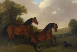 After George Stubbs (1724-1806), oil on board, Bay horses and terrier in an open landscape, 23 x