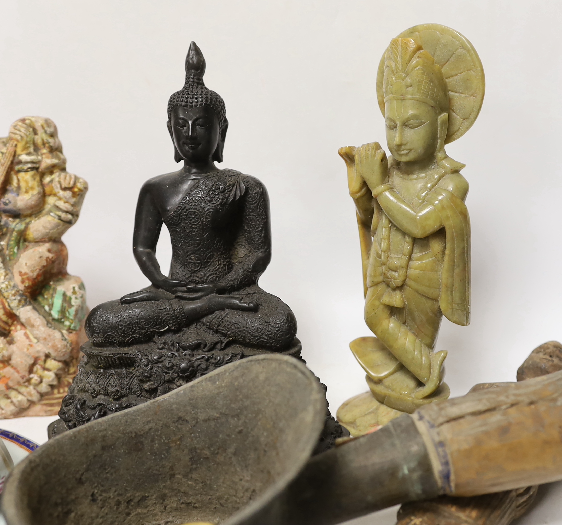 A Thai composite Buddha, 22cm high, an African carved wood female figure, an iron, a small bronze - Image 5 of 7