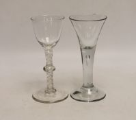 Two Georgian drinking glasses comprising, c.1760 opaque twist cordial glass and c.1750 drawn trumpet