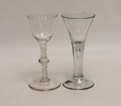 Two Georgian drinking glasses comprising, c.1760 opaque twist cordial glass and c.1750 drawn trumpet