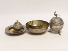 A boxed modern silver dish, three continental bowls and two Persian small boxes and covers.