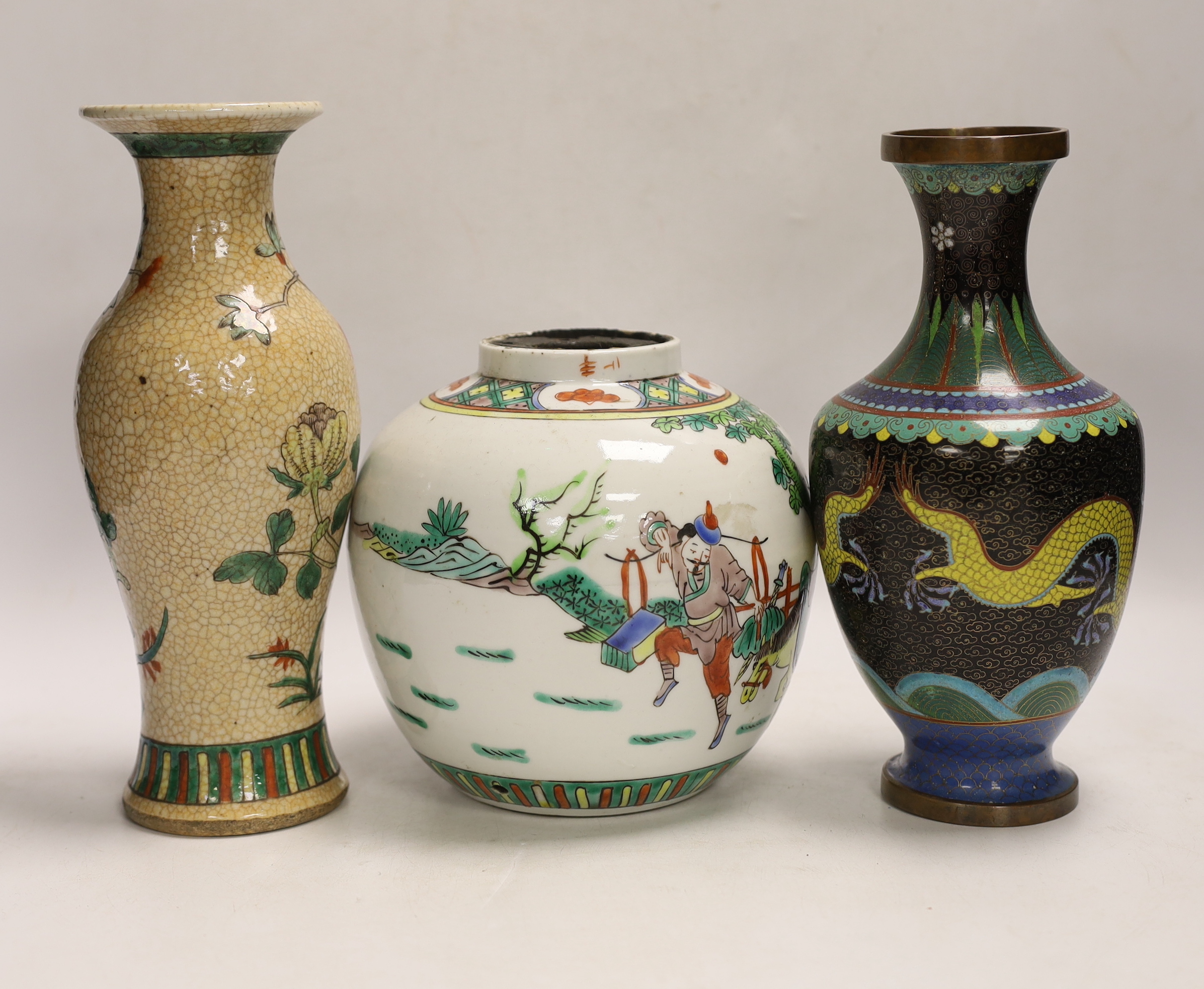 A Chinese famille verte crackle glaze vase, a jar, a cloisonné enamel dragon vase, another enamelled - Image 7 of 9