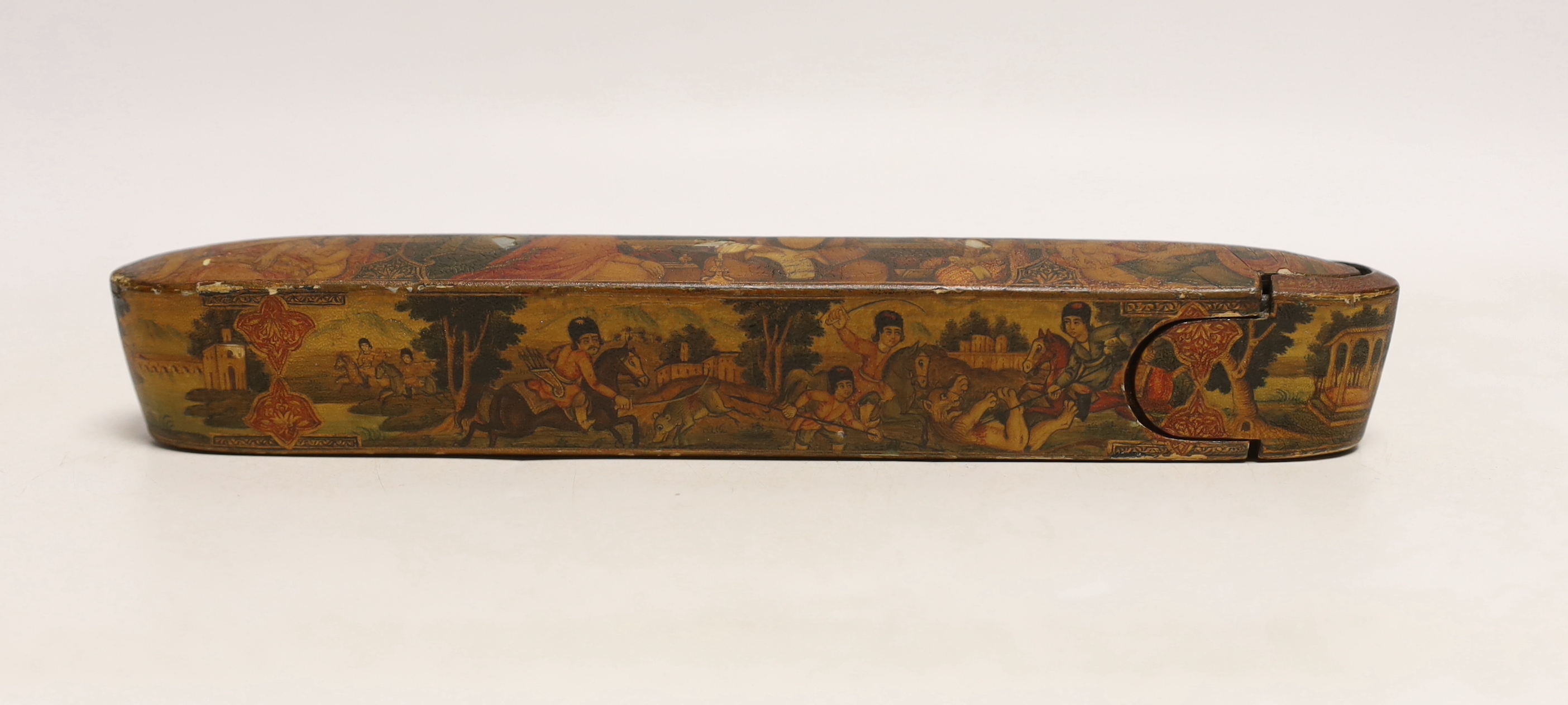 A Persian Qalamdan papier mache scribes or pen box, Qajar dynasty, 22.5cm in length - Image 2 of 6