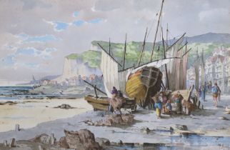 P. Marck, ink and watercolour, Harbour scene with beached fishing boats, signed, 30 x 48cm