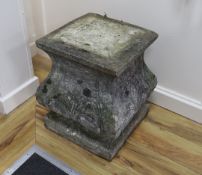 A square reconstituted stone garden plinth, width 36cm, height 50cm
