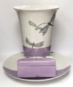A signed Fabienne Jouvier Dragonfly pattern vase, dish and box, marked “Libellule”, 93, vase 41.