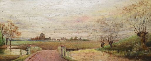 20th century English school, oil on board, Bridge over a stream, 20 x 46cm