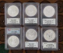 US coins, five first strike silver eagle $1, (2011, two 2011-W, 2011-P, 2011-S) a 2013 silver
