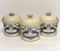 Three French cream and blue glazed storage jars and covers, Caffé, Thé and Zucchero, 18cm high