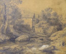 David Cox Jr. (1809-1885), pencil drawing, Figure before a watermill, signed and dated 1821, 17 x