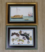 Two Chinese pith paper paintings, butterflies and junks, 17 x 25cm