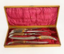 A Victorian E.R. Moore & Co cased horn handled five piece carving set