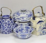 Four modern Chinese blue and white ceramic items; two teapots, a lidded vessel and a bowl, tallest