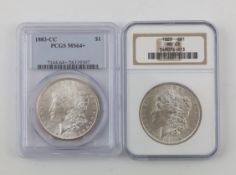 US coins, 1883-CC Morgan dollar, Carson City mint, PCGS sealed and graded MS64+ and 1889 Morgan